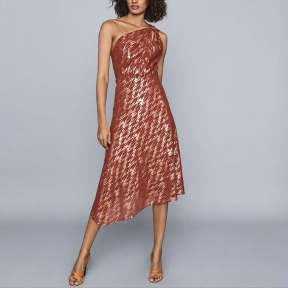 Reiss Sienna-Rust and Gold Metallic One-Shoulder Dress  US6